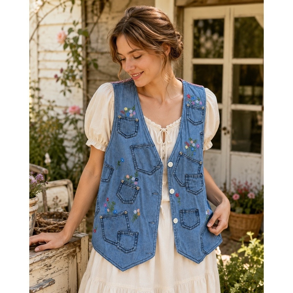Casey & Max Denim Vest Womens Small Blue Excellent Floral Embroidered Gingham
